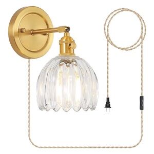 Gold Wall Sconce with Glass Tulip Shade - Plugin